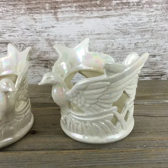 Set of 2 Ceramic Dove Bird & Star Votive Candle Holders Tall Pearl Iridescent - Picture 3 of 13